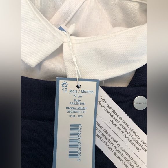 NWT! Jacadi Paris two piece white collared bodysuit & navy blue overall loungers - Picture 5 of 12